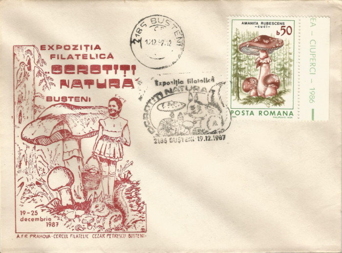 Rom&acirc;nia, Expoziţia filatelică &quot;Ocrotiţi natura&quot;, plic, Buşteni, 1987