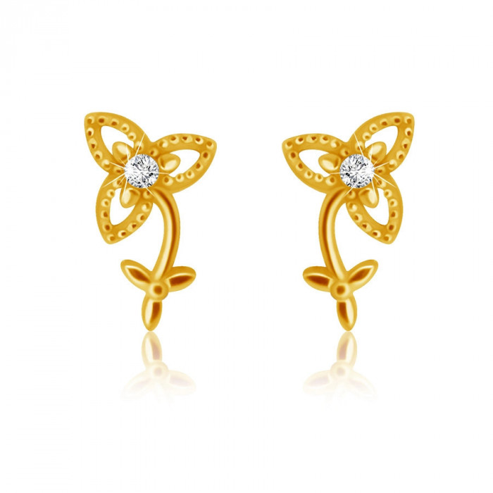 Cercei cu diamante din aur galben de 14K - floare cu tulpină și frunze, diamant strălucitor