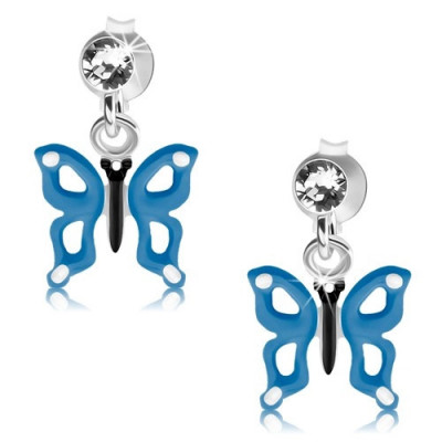 Cercei din argint 925, fluture albastru şi alb cu decupaje pe aripi, cristal foto