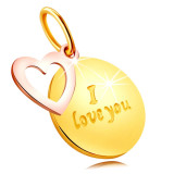 Pandantiv din aur combinat 585 - placă rotundă cu scris &bdquo;I love you&rdquo;, contur inimă
