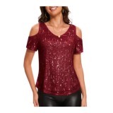 Bluză elegantă cu paiete pentru petreceri pentru femei &ndash; Burgundy XL