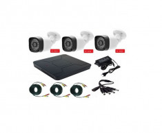 Sistem supraveghere video 3 camere exterior 2MP 1080P full hd IR 30m, DVR 4 canale, accesorii full, live internet foto