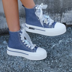 Tenisi dama inalti, din denim albastru, cu platforma si accesorii decorative - 37