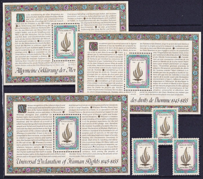 DB1 ONU 1988 toate 3 seturi + SS Declaratia Drepturilor Omului SS MNH