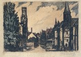 Tablou / lucrare veche, gravură policromă, Peisaj urban din Bruges / Belgia, semnatura indescifrabilă, 39x29 / 18x12, cu rama si sticla