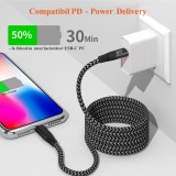 Cablu date si incarcare rapida SuperFastCharge 27W, PRESTIGE CHARGE&reg;, pentru Apple Iphone X, 11, 12, 13, 14 Pro &amp; ProMax, Ipad, 9V3A, TEXTIL PREMIUM,