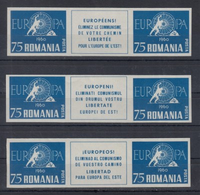 ROMANIA EXIL 1960 EM. 22 SERIE PERECHI NEDANTELATE CU VIGNETA IN 3 LIMBI MNH foto