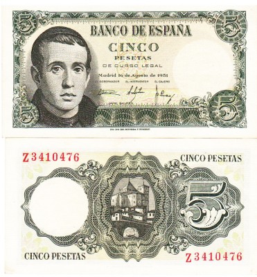 Spania 5 Pesetas 1951 P-140a UNC foto