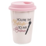 Cana ceramica de voiaj Pufo pentru cafea cu capac din silicon, 415 ml, model You&#039;re the Highlight, roz