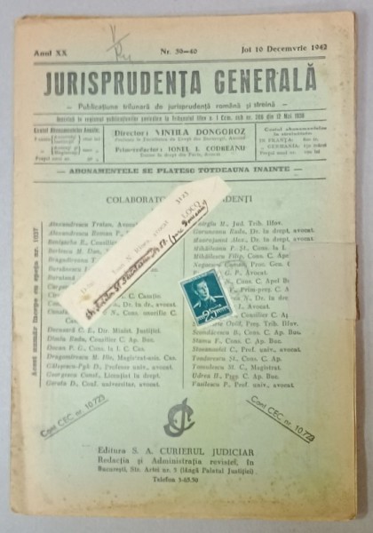 JURISPRUDENTA GENERALA , PUBLICATIUNE TRILUNARA DE JURISPRUDENTA ROMANA SI STRAINA , NR. 39-40, 1942