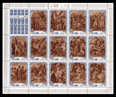 ✅Ras Al Khaima 1970 &amp;quot; Patimile lui Isus- Pasti &amp;quot;, serie bloc dantelat 14v. ,Mi. 498/511A , cota Michel 25&amp;euro; , MNH foto