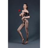 Cumpara ieftin Moonlight Criss-Cross Cut-Out Crotchless Floral Bodystocking Black One Size