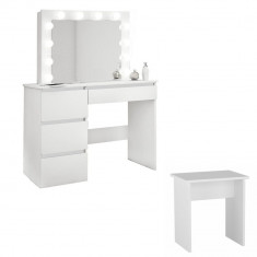 Masa de toaleta/machiaj + Taburet, alba, cu oglinda si LED-uri, Irina, 94x43x141 cm