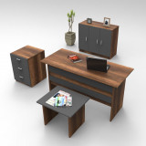 Set de mobilier de birou Torrens, Alb - Nuc - Stejar, 4 Piese, Birou - Biblioteca - Rollbox - Masuta