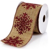 Panglică Decorativă Brad de Crăciun Bej, Fulgi Roșii, 5m x 63mm, Poliester, Oem