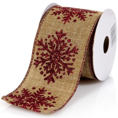 Panglică Decorativă Brad de Crăciun Bej, Fulgi Roșii, 5m x 63mm, Poliester foto