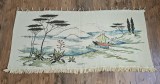 CARPETA VINTAGE DIN AMESTEC DE BUMBAC CU LANA, PEISAJ MARITIM STILIZAT