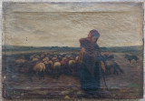 Pastorita cu turma de oi// ulei pe panza, nesemnat, Natura, Realism