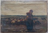 Pastorita cu turma de oi// ulei pe panza, nesemnat, Natura, Realism