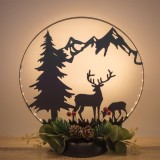 Decorațiune de Crăciun, Metal, Ramă Peisaj Renii și Munte, LED-uri, Negru, 25x28cm, Oem