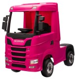 Cumpara ieftin SCANIA R-SERIES, camion electric pentru copii, tractiune 4x4, 180W, 12V 14Ah, roti moi, scaun tapitat, echipare Premium, roz