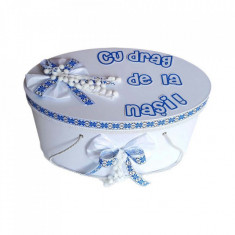 Cutie trusou botez personalizata cu mesaj, decor traditional albastru, Denikos®