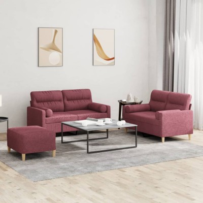 vidaXL Set canapea cu perne, 3 piese, roșu vin, material textil 3201598 foto
