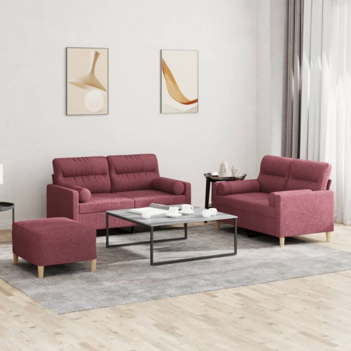 vidaXL Set canapea cu perne, 3 piese, roșu vin, material textil 3201598