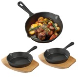 Set 2 tigai mici din fonta Navaris cu baza din lemn, 15.3 cm, pentru gatit, NAV000017YR004C