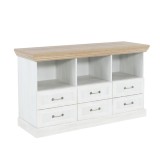 Cumpara ieftin Comoda TV 6 sertare 3 polite din pal alb pin nordic maro stejar salbatic Royal 127x46x75 cm