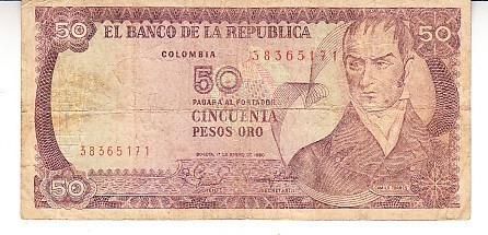 B11 - Bancnota foarte veche - Columbia - 50 pesos oro - 1980