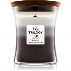 Woodwick Trilogy Warm Woods lumânare parfumată cu fitil din lemn 275 g