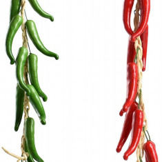 2 Seturi Chili Iute Realist, Funie de Ardei Artificiali din Plastic, Rosu si Verde, Lungime 55 cm