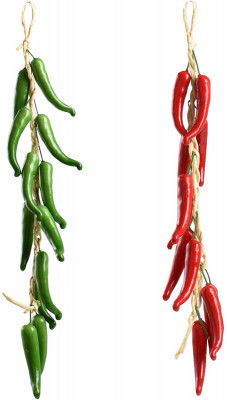 2 Seturi Chili Iute Realist, Funie de Ardei Artificiali din Plastic, Rosu si Verde, Lungime 55 cm foto