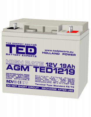 Acumulator 12V, TED Electric, High Rate, Dimensiuni 181 x 76 x 167 mm, Baterie 12V 19Ah foto