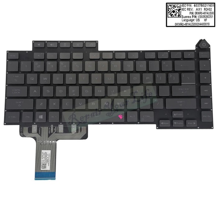 Tastatura Laptop Gaming, Asus, ROG Strix G15 G513I, G513IR, G513IM, iluminata, conector RGB 20 pini, gri, layout US
