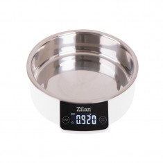 Cantar alimentar digital Zilan, 5 kg, 1 g, Recipient 900 ml inox, ecran LED, Plastic, Alb
