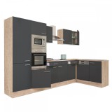 Mobilier de bucătărie de colț Yorki 340, cu corp din stejar Sonoma, fațadă antracit cu finisaj satinat, cu dulap cu rafturi, fără blat de lucru