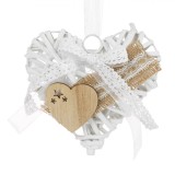 Decorațiune Suspendabilă, Inimă din Lemn, Dantelă și Organza, Alb, 14x14cm, Oem