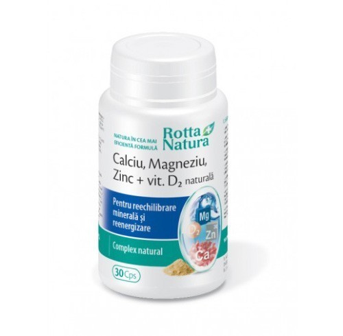 Ca-Mg-Zn+Vit. D2 naturala, 30cps, Rotta Natura Ca-Mg-Zn+Vit. D2 naturala, 30cps, Rotta Natura