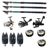 Set pescuit sportiv cu 3 lansete de 2.1m Gold Shark, 3 mulinete, 3 senzori si 3 gute