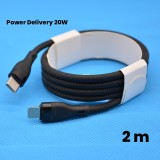 Cablu de Date impletit din Nailon, Flippy, Incarcare Rapida, Potrivit Compatibil cu iPhone, Cablu de Incarcare cu Power Delivery 20W, 2 m, Negru