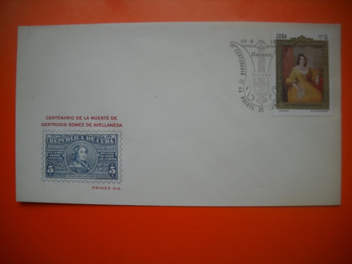 HOPCT PLIC FDC S NR 372 GERTRUDIS GOMEZ DE AVELLADENA COMEMORARE 1973 CUBA