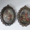 Lot 2 tablouri mici (17cm) in rama de bronz ovala, ornamentata, sticla convexa