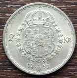 (A1081) MONEDA DIN ARGINT SUEDIA - 2 KRONOR 1950, LIT. TS, REGELE GUSTAV V