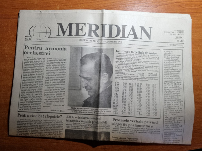 ziarul meridian 13 octombrie 1992-ion iliescu reales presedintele romaniei