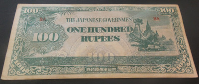 Bancnota OCUPATIE JAPONEZA IN BURMA - 100 RUPII, anul 1944 *cod 412 foto