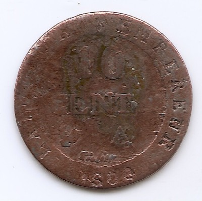 Franta 10 centimes 1808 A - Napoleon I, Billon (.200 argint) 2 g, 18 mm, KM-676.1 (1) foto