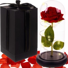 Trandafir criogenat, 100 petale, iluminare LED, lumina alba calda, sticla/plastic, 22x11,5 cm, rosu