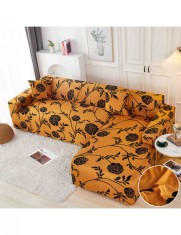 Husa elastica pentru canapea cu coltar 3 cu 2 locuri portocalie cu model floral negru foto